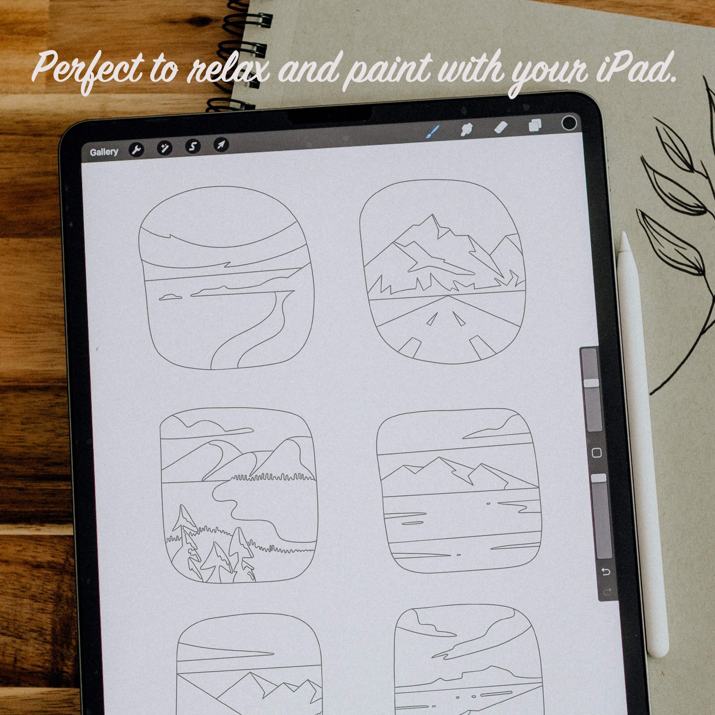 Printable colouring page with landscapes grid design.