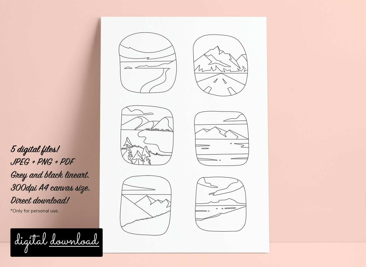 Printable colouring page with landscapes grid design.