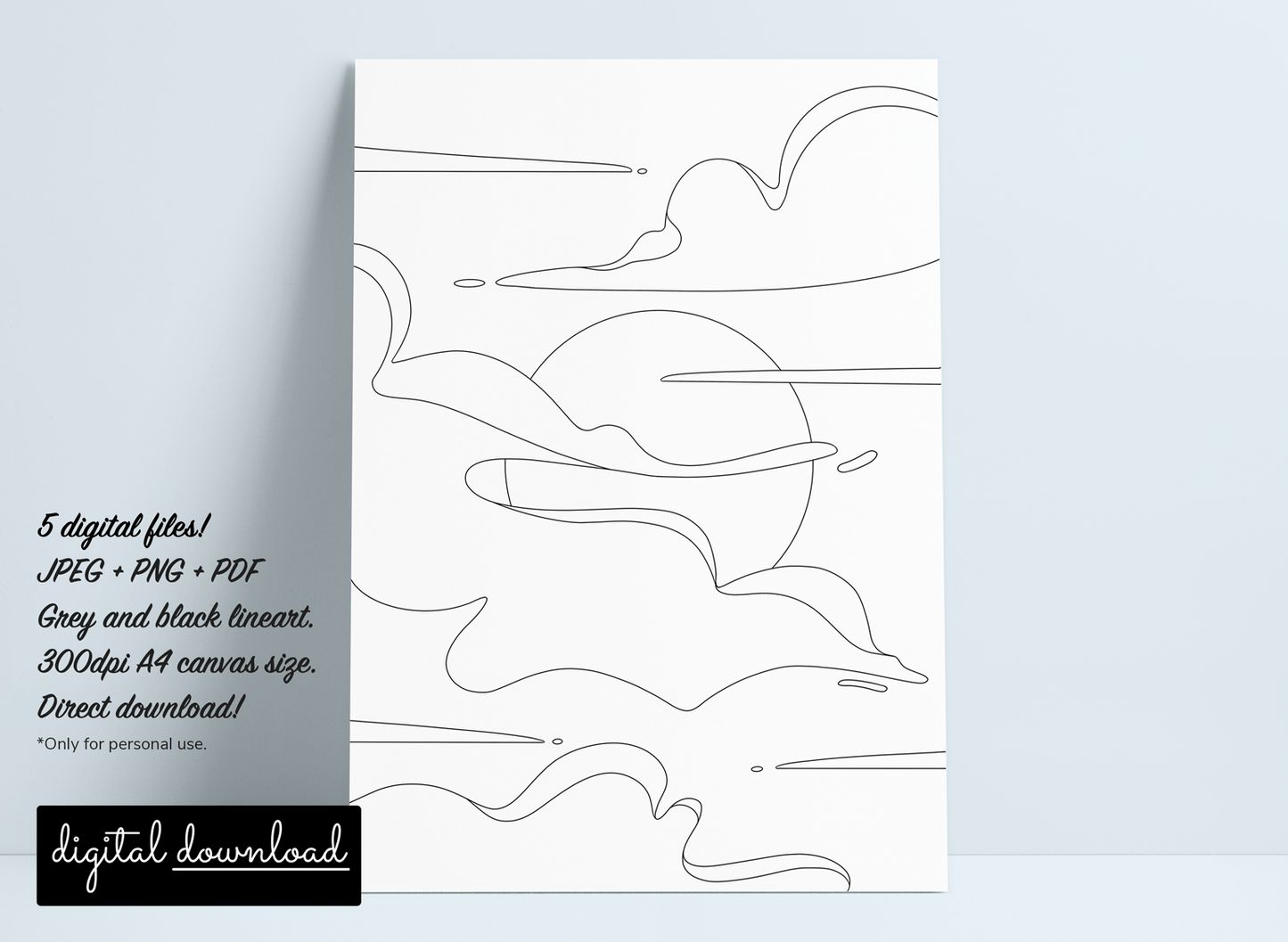 Printable colouring page with a big sun and clouds design.