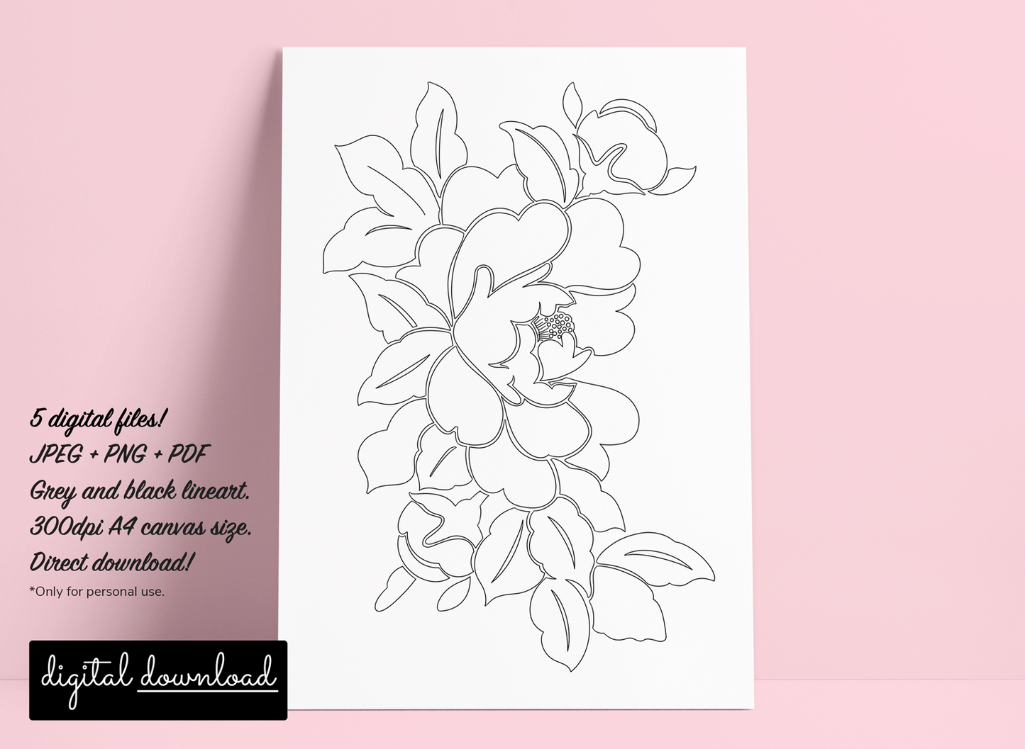 Printable colouring page with a floral design.
